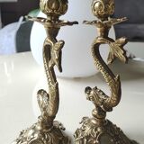 Pair of neoclassical torchlight candlesticks, koi carp, feng shui. in gilded bronze