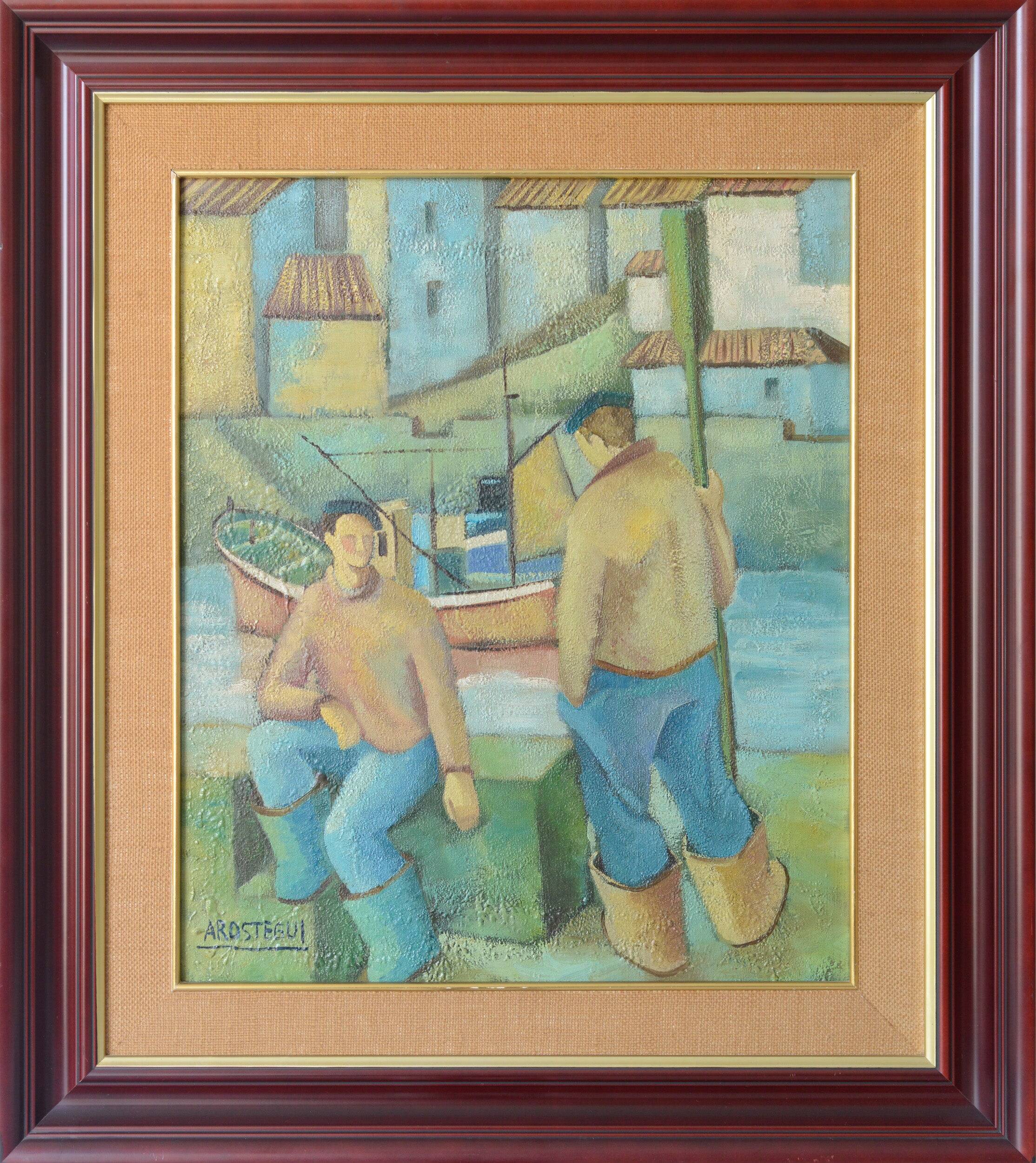 Two fishermen - cubist influenced oil - jose ramon arostegui