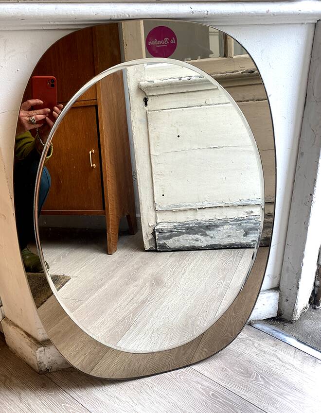 Beveled mirror, smoked glass frame, 1970