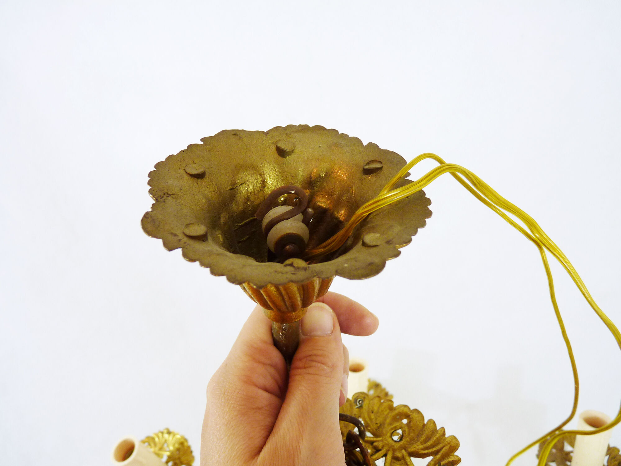 Old 8-branch brass chandelier and glass stamps