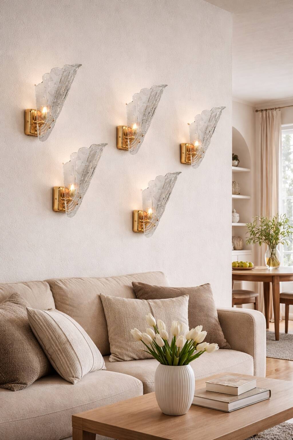 Set of 5 Vintage Italian Murano Glass Wall Lamps, Gold Plated, 1970s