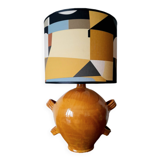 Large glazed pottery lamp and custom lampshade