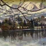Painting HST Yvonne Blin ec. XX° "View of a mountain lake"