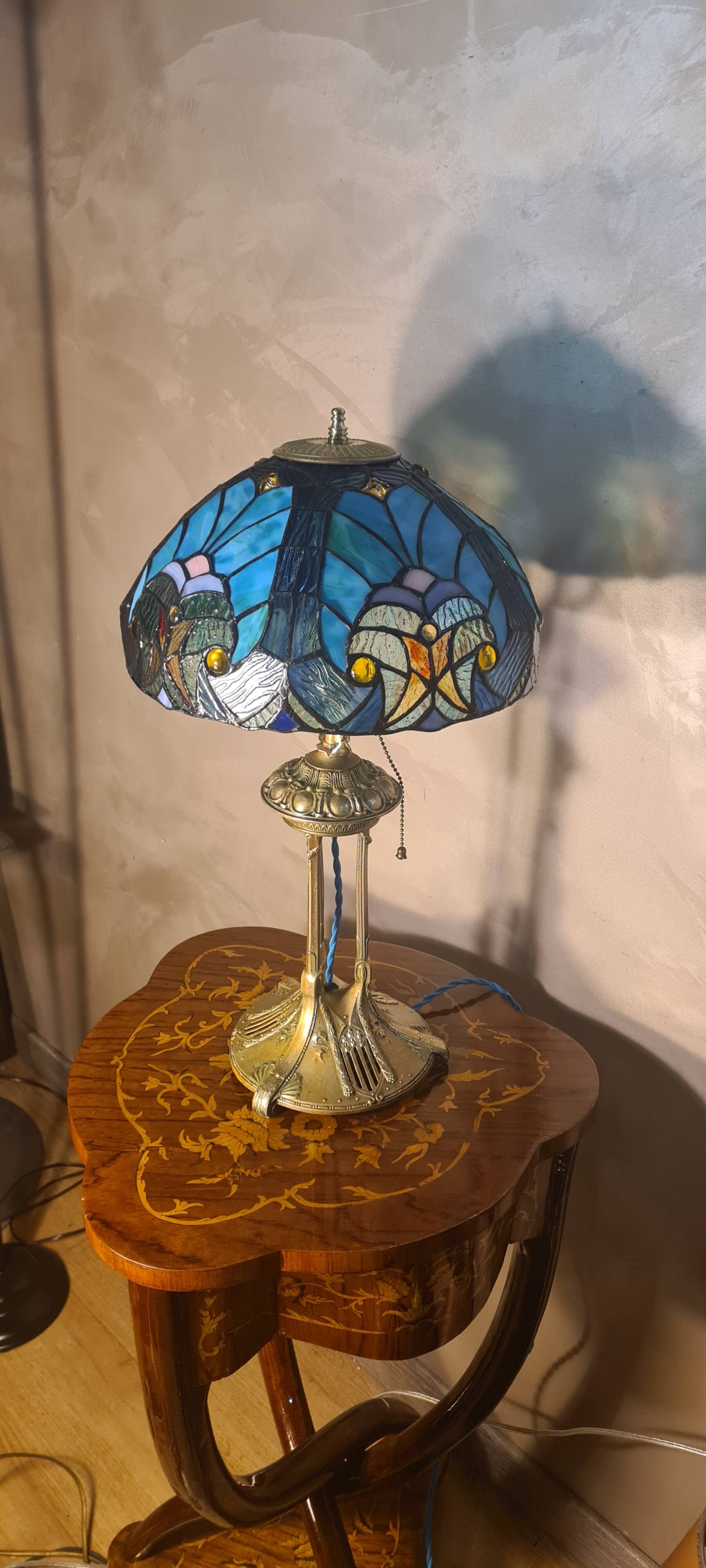 Antique lamp, patinated bronze, art nouveau, stained glass lampshade