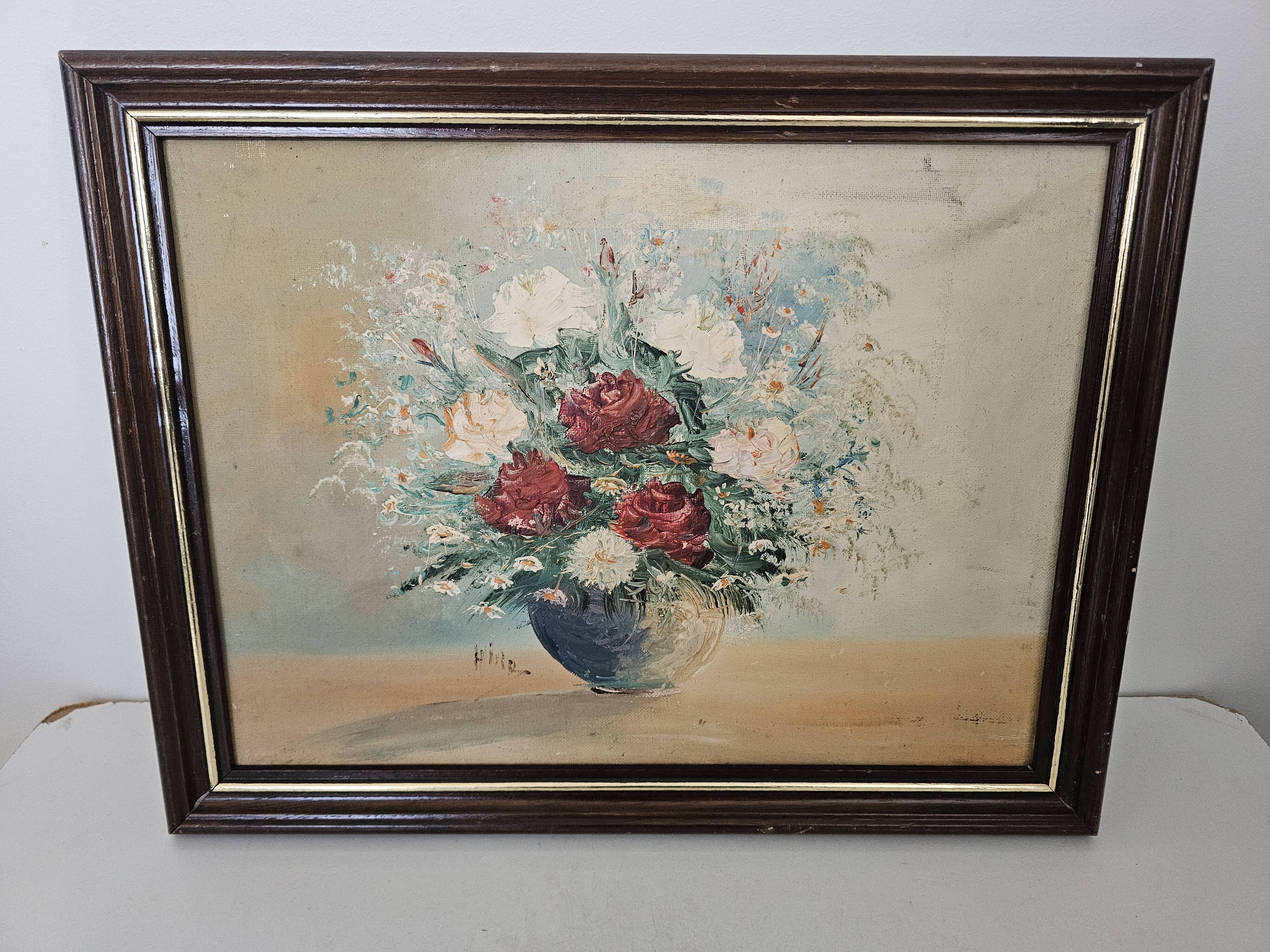 Oil painting on canvas, Bouquets of roses and tulips, signed Hire
