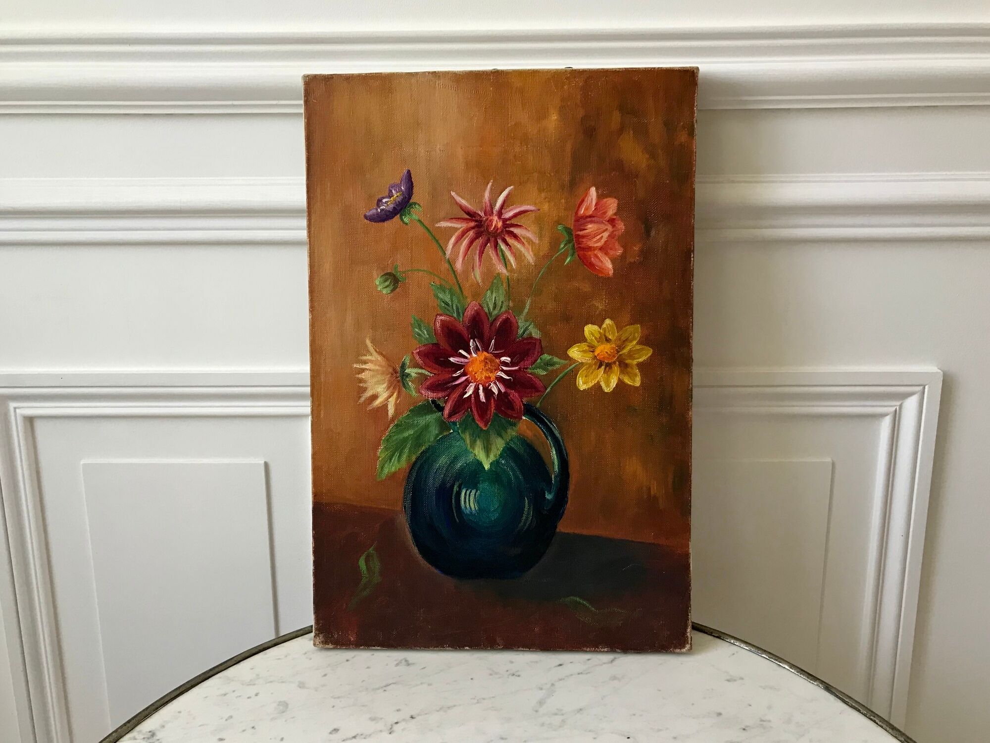 Old oil on canvas painting bouquet of vintage flowers