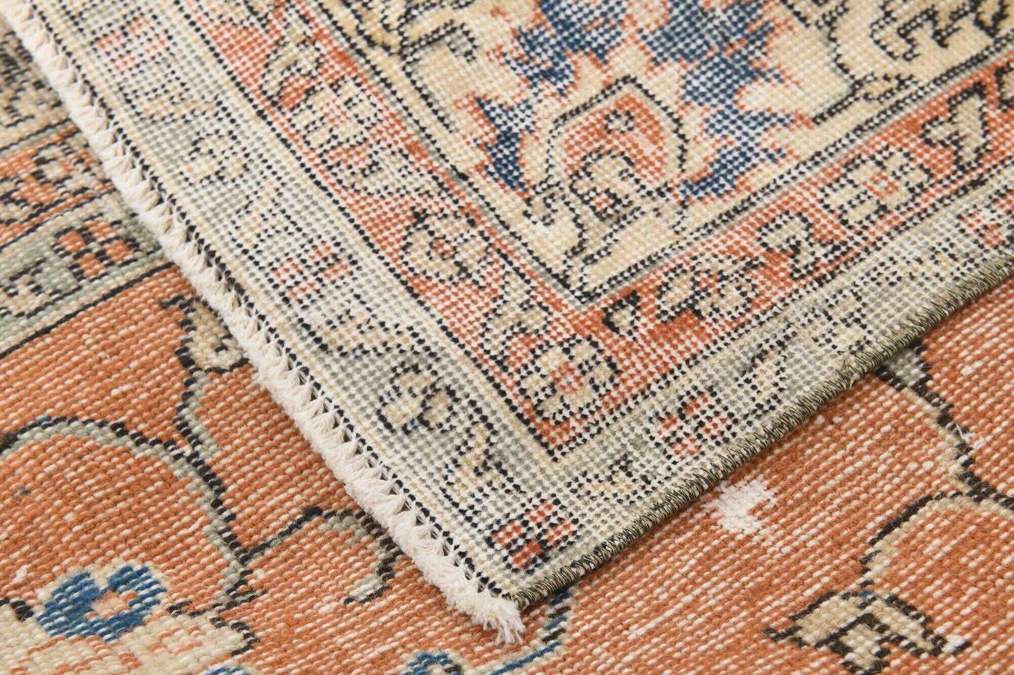 8x11 Orange & Blue Bordered Turkish Vintage Rug, Rugs For Bedroom, Antique