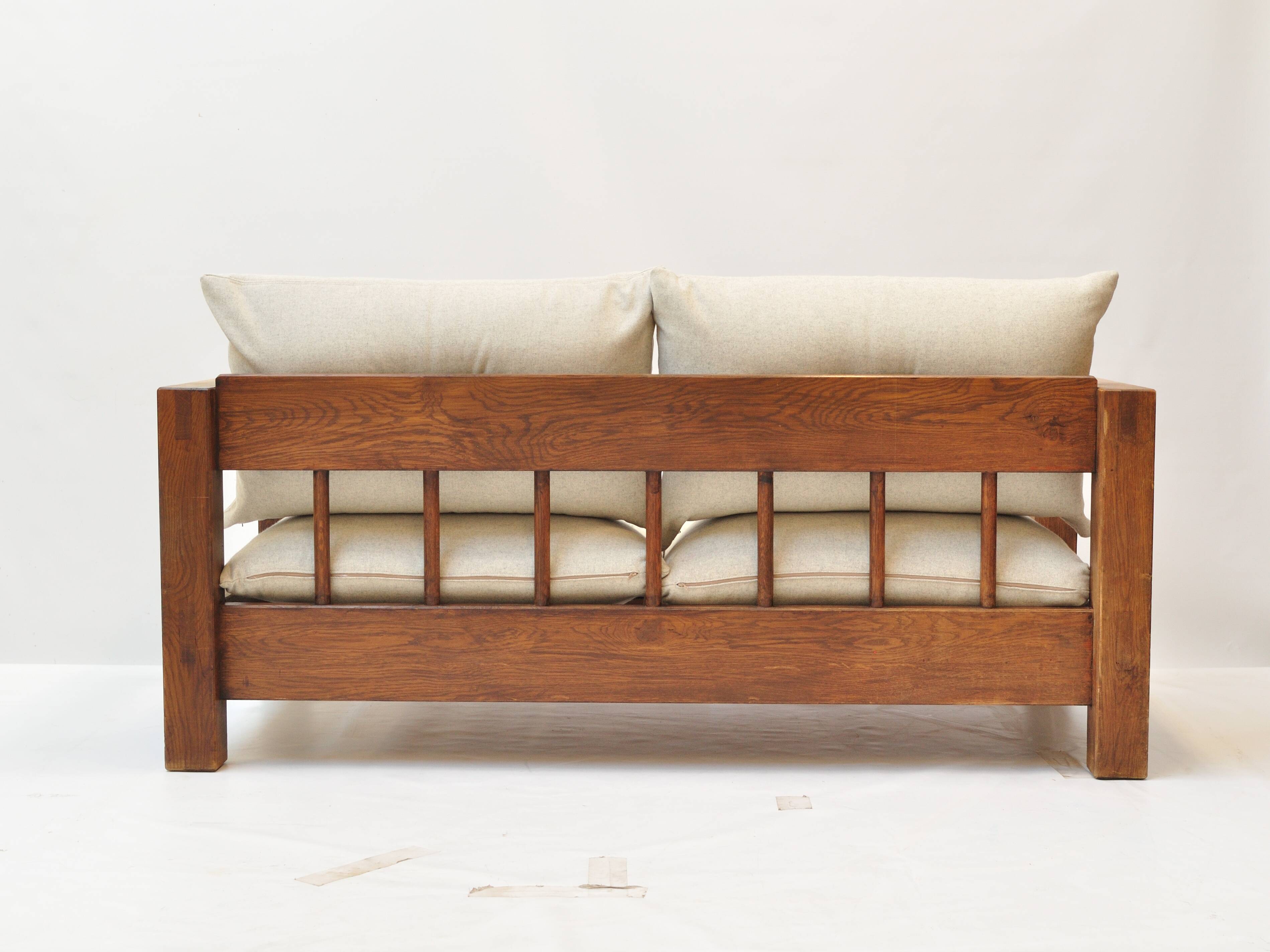 Solid oak seating ensemble rebuilt in 100% virgin wool — two sofas and loun