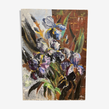 Huile sur toile bouquet aux iris