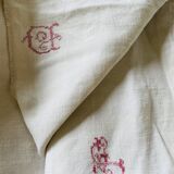 Old linen sheet embroidered red monogram