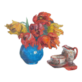 HST painting signed Aimée Beylot "Still life with flowers and porcelain" circa 1950