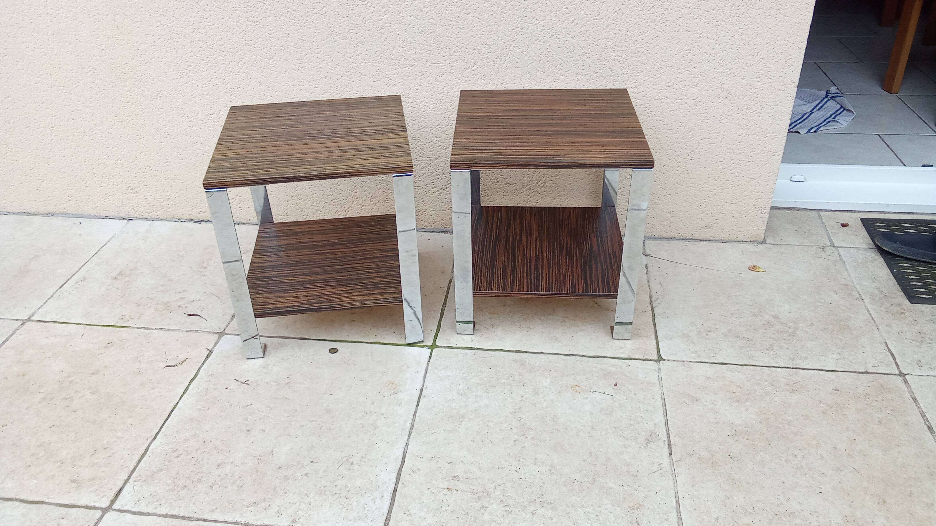 Pair of vintage 70s chrome zebrano wood bedside tables