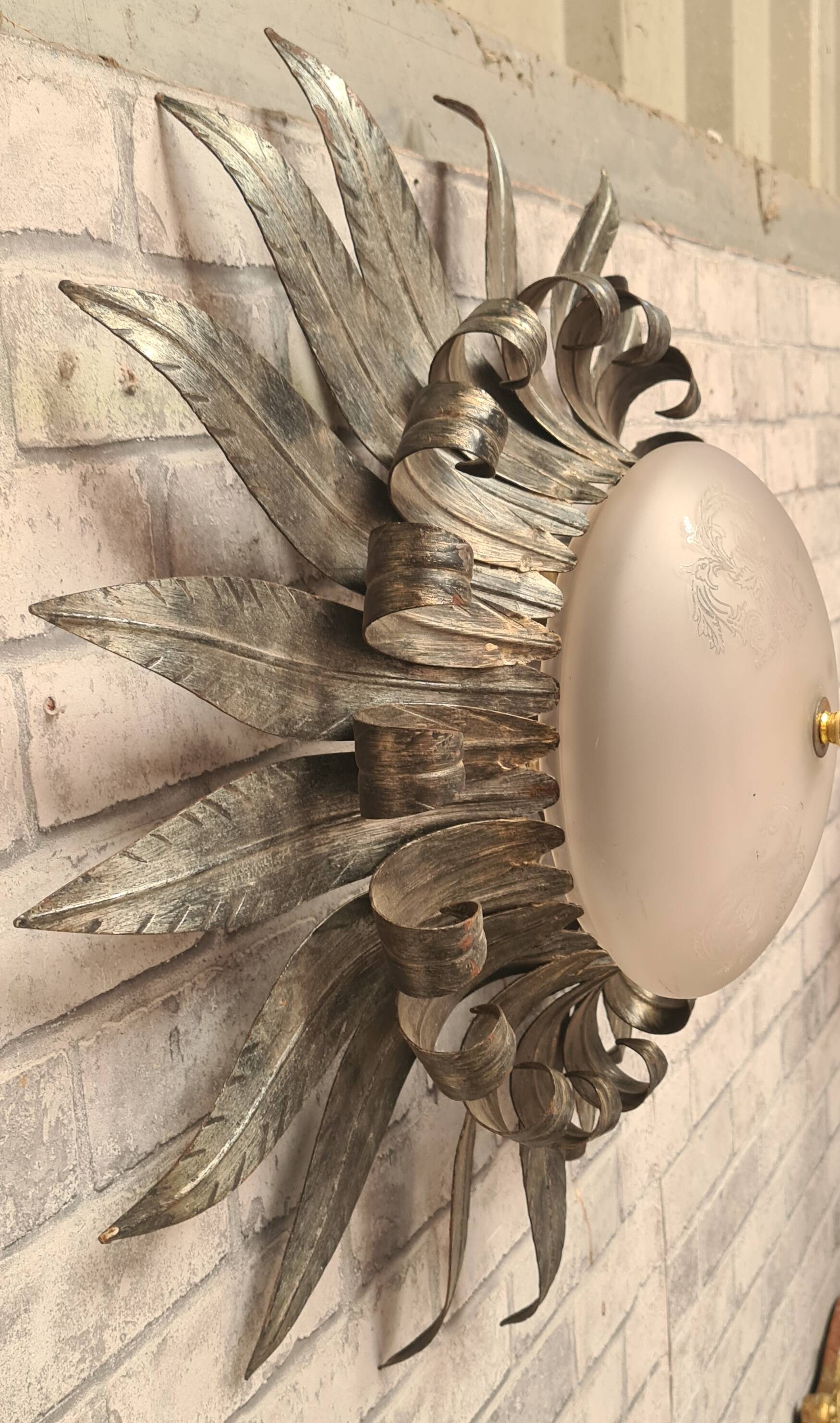 ceiling light, wall light, sun leaves, wrought iron, 1970, very good condition, 50x19