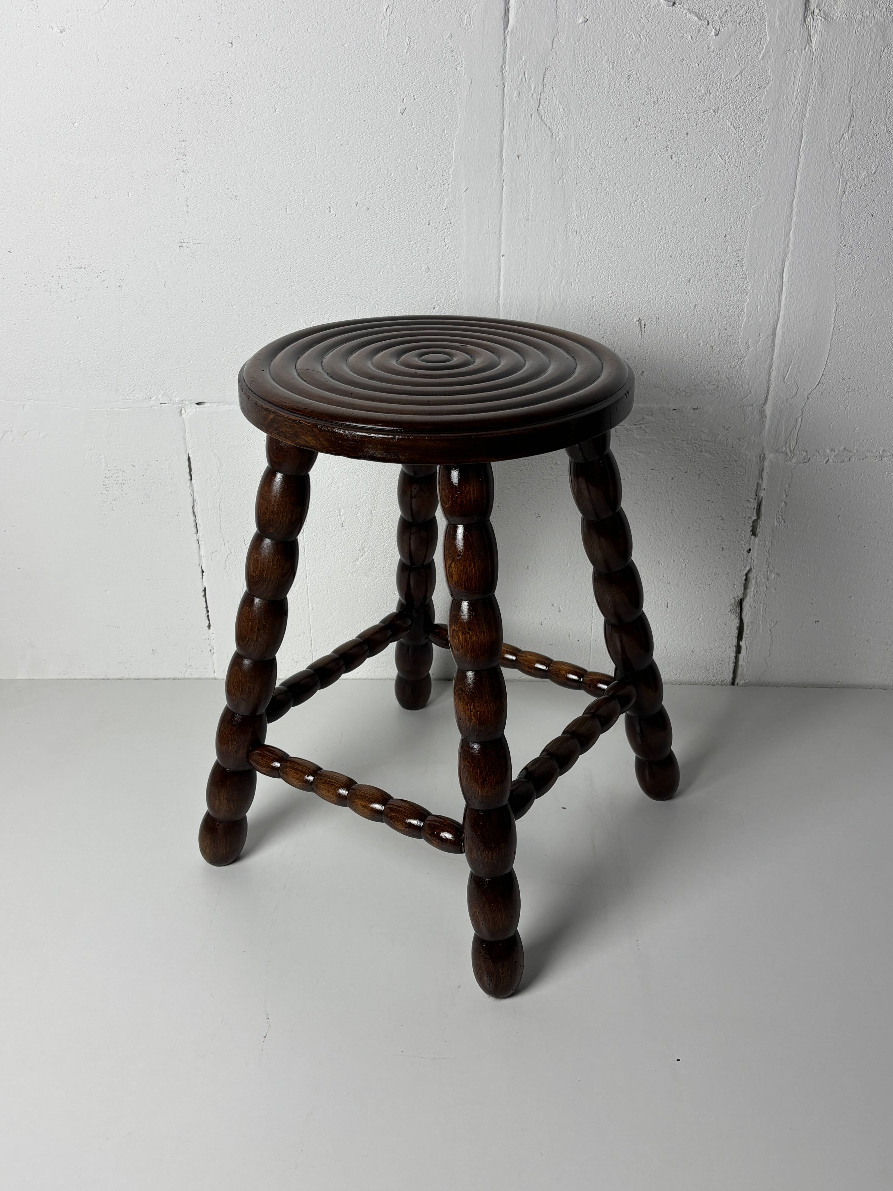 Midcentury bobbin wood turned stool, Charles Dudouyt style, France, 1950s