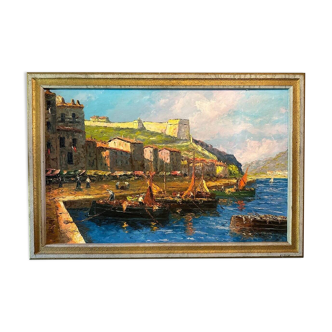 Port In Italy. Oil on panel. 20th century.