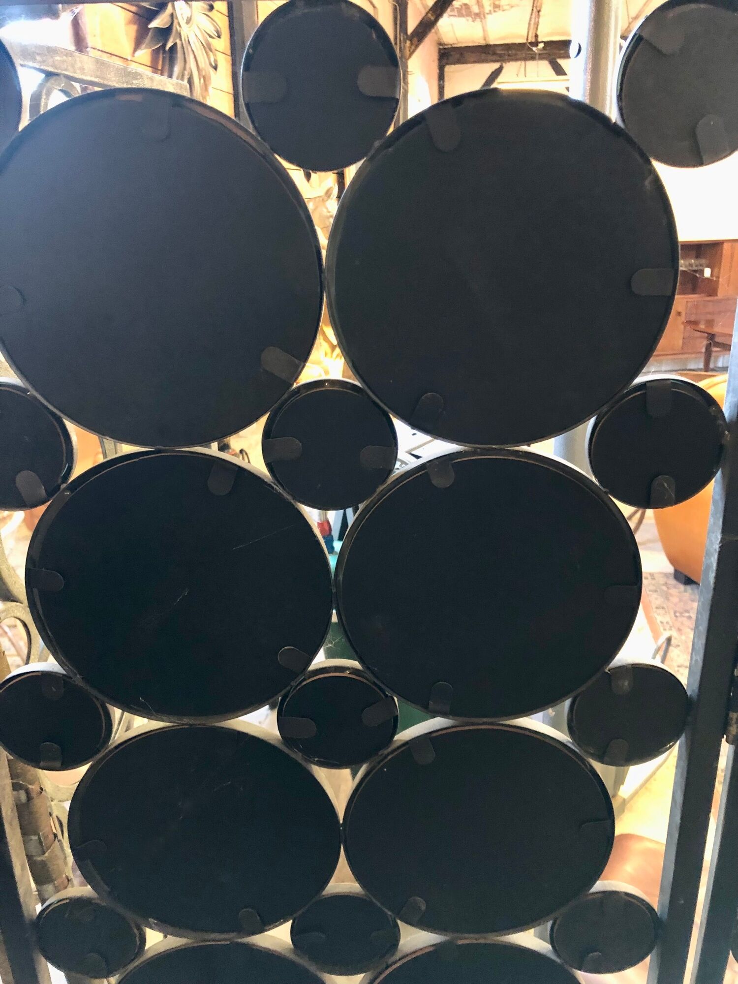Screen 3 panels of round mirrors frame metalized iron aged