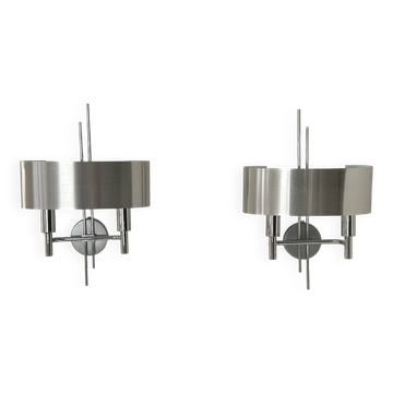 Pair of vintage wall lights, brushed metal and chrome, France 1960