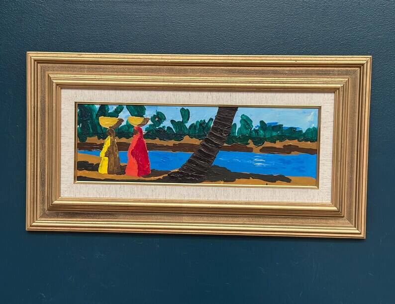 Original Swedish Oil on Panel – "Female Figures by a Stream", attributed to Lars Norrman – Signed – Vintage and Framed – 38 × 74 cm (15 × 29.1 inches)