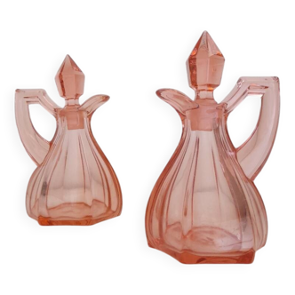 Pink glass oil and vinegar bottle set