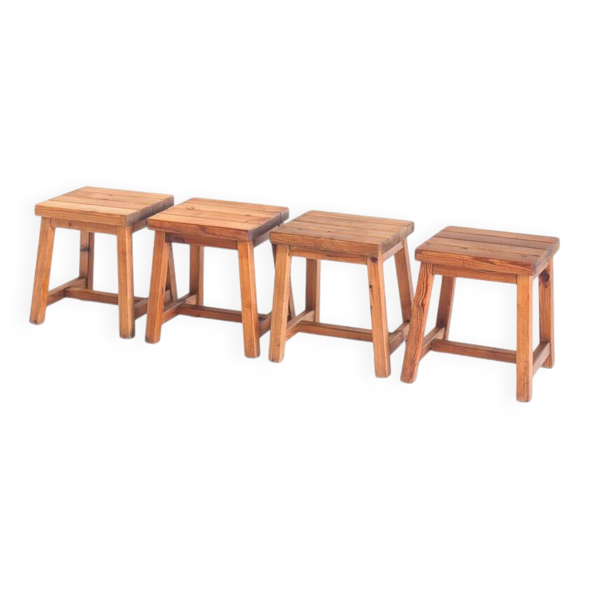 Set of 4 vintage pine stools. France, 1980s