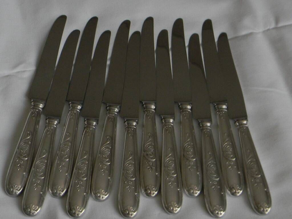 Set of 12 knives with silver metal handles and stainless steel blades.