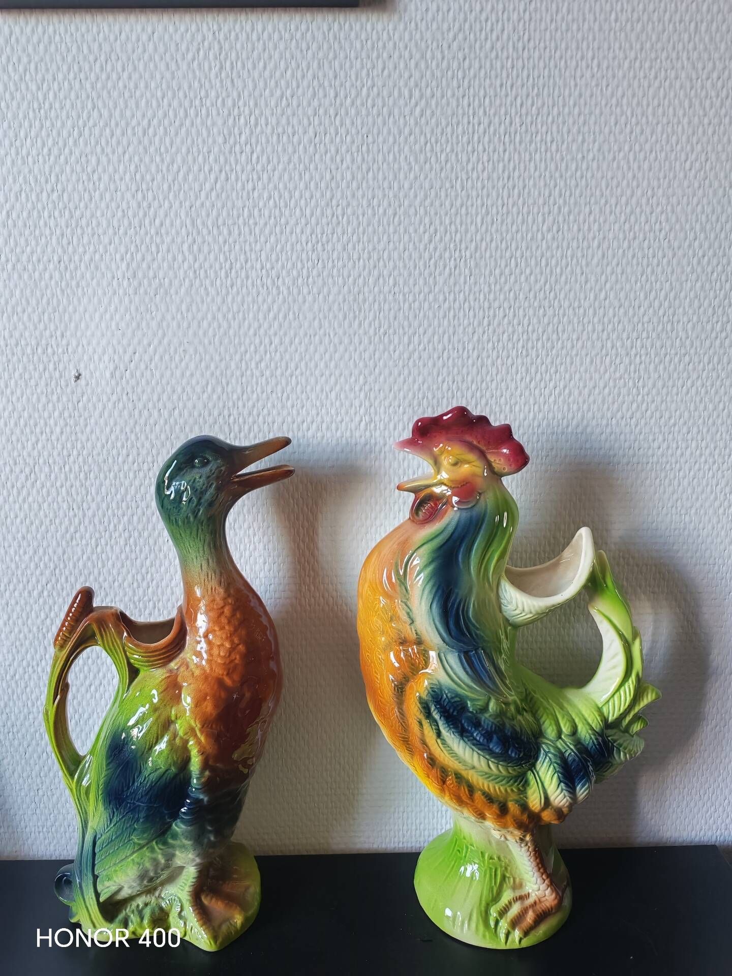 Pair of duck and rooster jugs in St Clément barbotine vintage