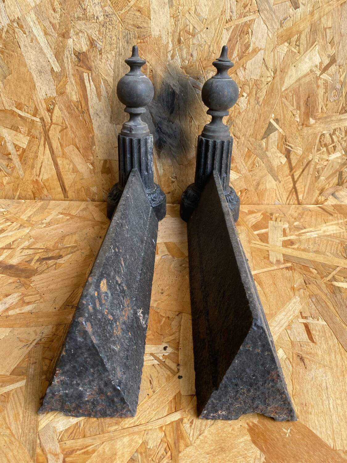 Pair of Napoleon 3 neoclassical cast iron fireplace andirons + brass ball