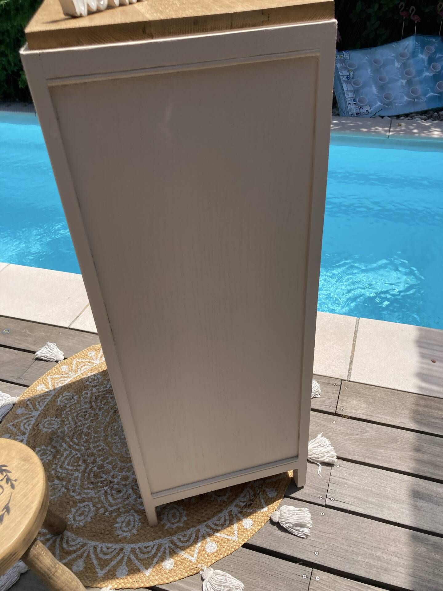 Beautiful art deco jam cupboard in delicate beige tone / and wicker basket