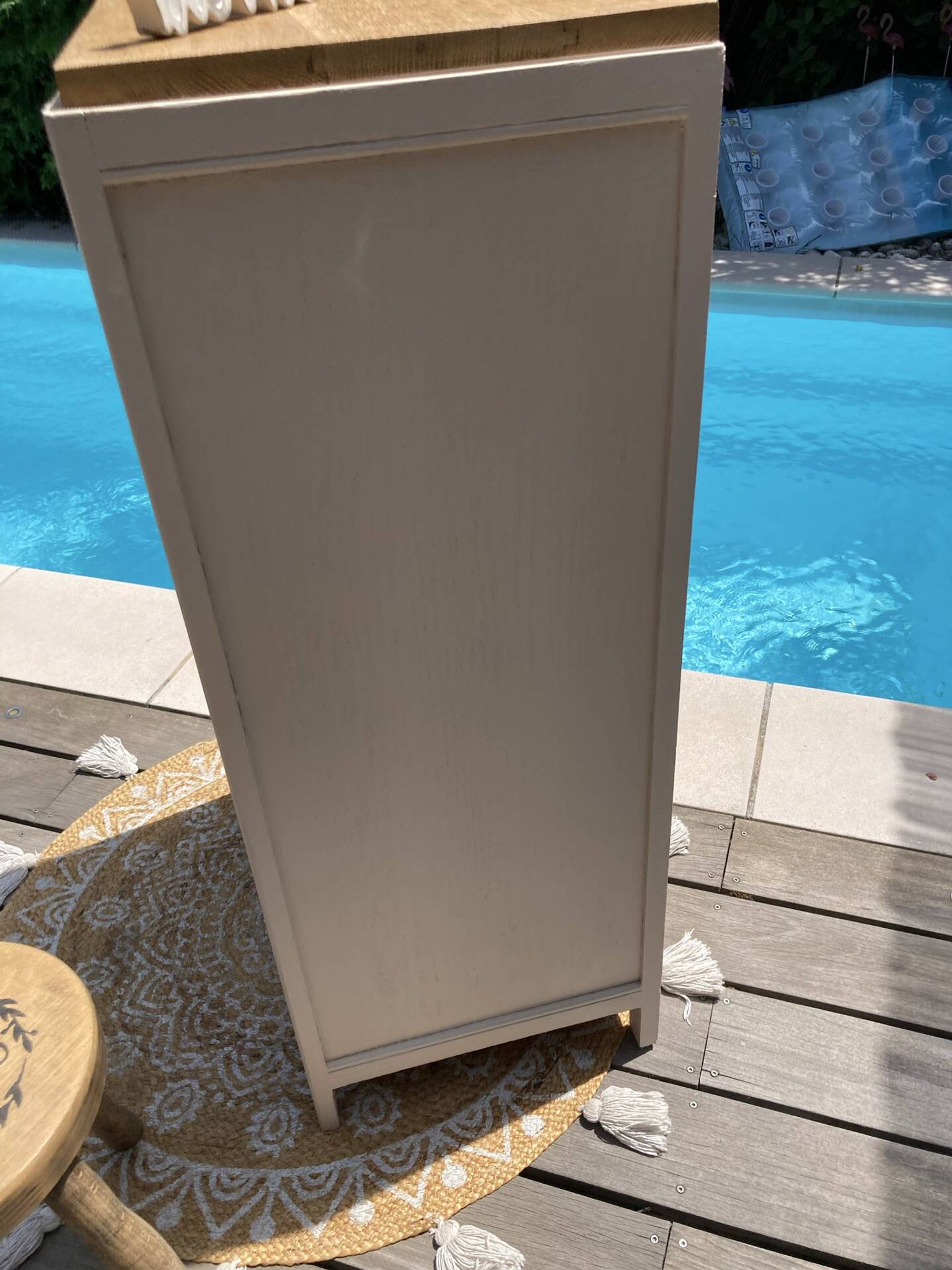 Beautiful art deco jam cupboard in delicate beige tone / and wicker basket