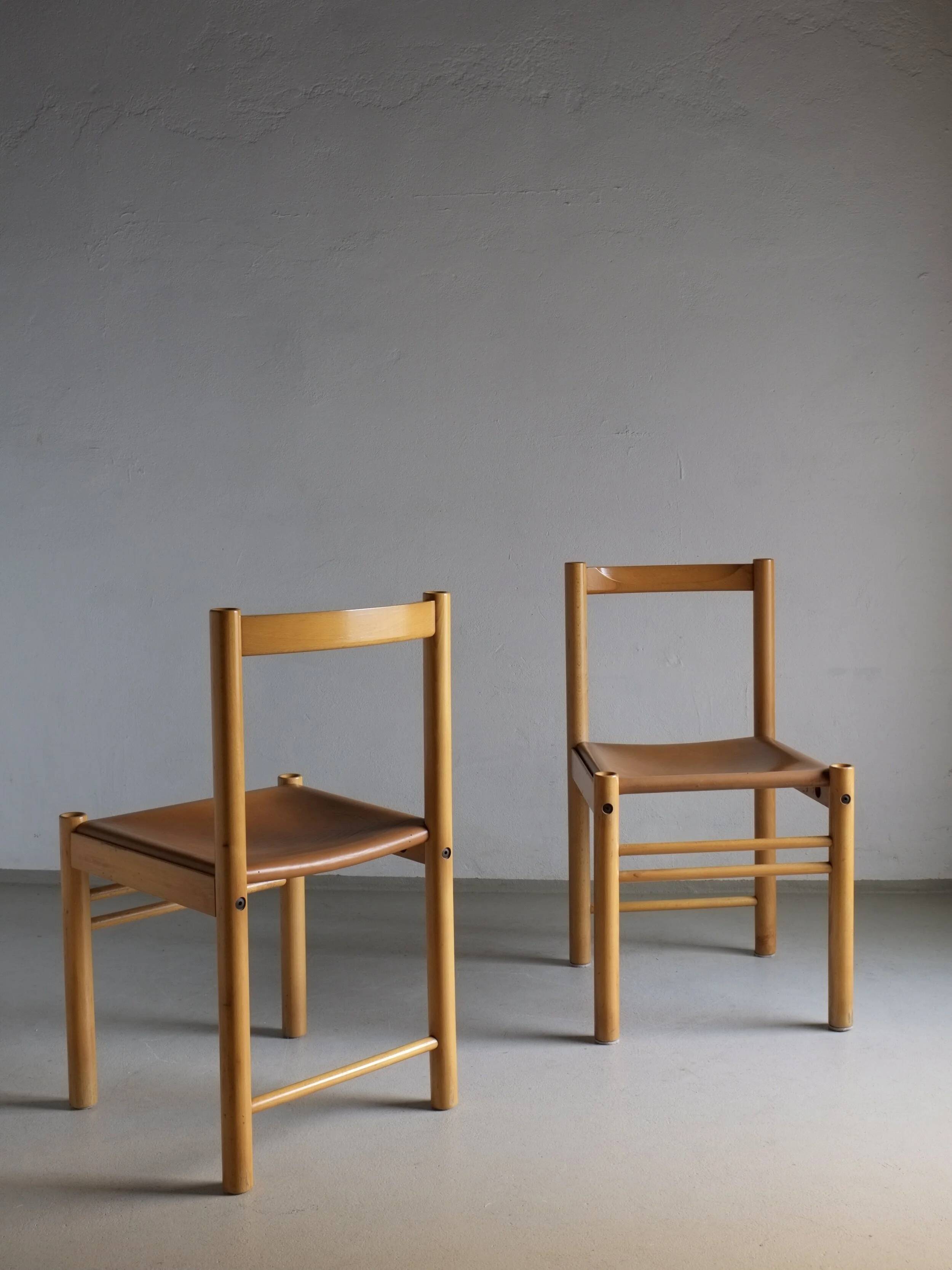 6 beech wood cognac leather chairs | Ibisco | Italy | 1960s