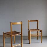 6 beech wood cognac leather chairs | Ibisco | Italy | 1960s