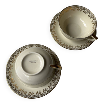 Duo tasses à thé ou à café vintage beige et doré