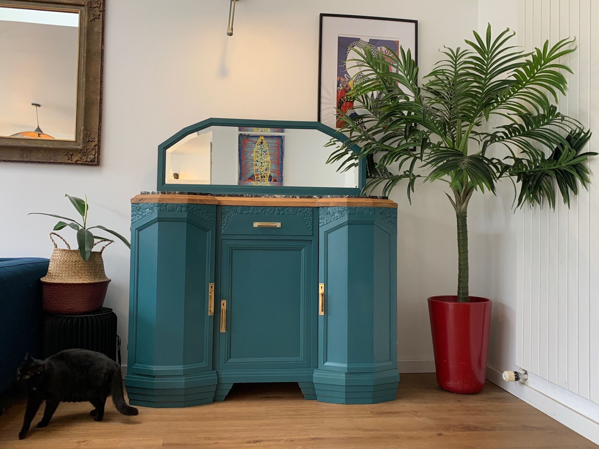Art deco sideboard restyled blue green duck, marble top, brass handles, vintage shabby chic