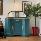 Buffet art deco relooké bleu vert canard, dessus marbre, poignées laiton, vintage shabby chic