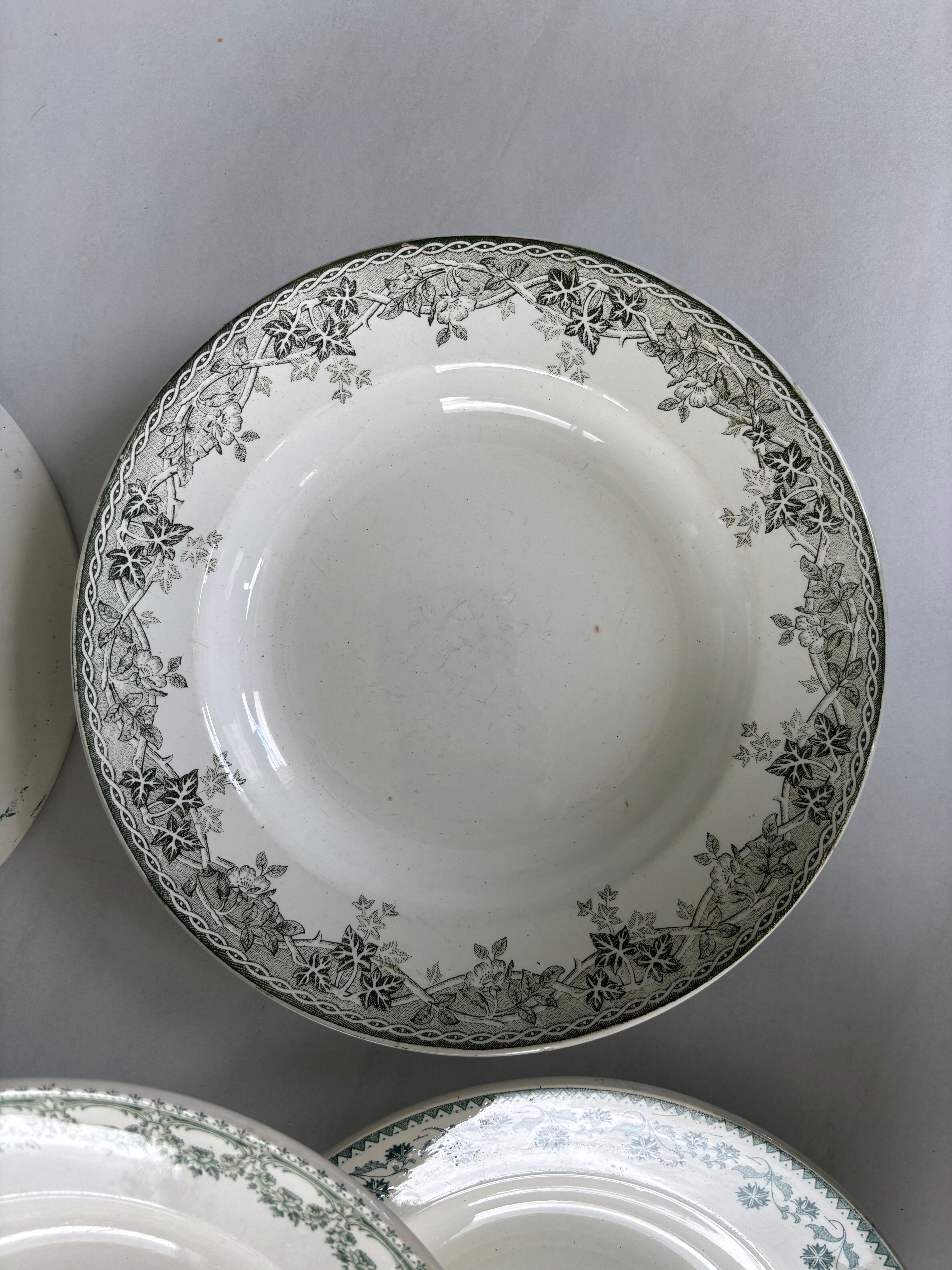 Set of 6 blue and green ironstone deep plates, French earthenware.