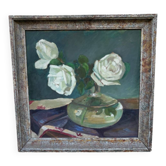 Tableau ancien nature morte roses blanches