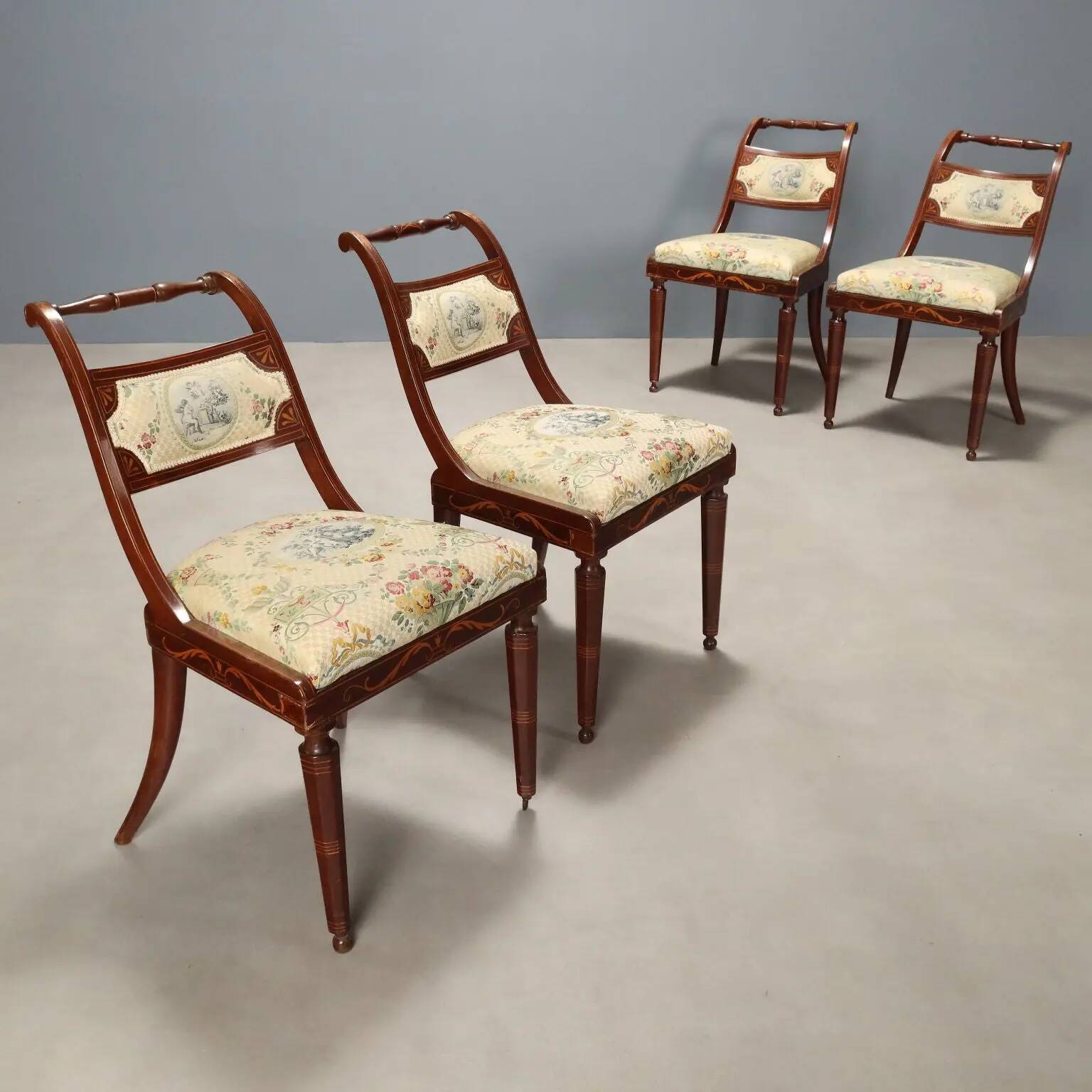 Chaises victoriennes anciennes en acajou et tissu, Royaume-Uni, XIXe siècle