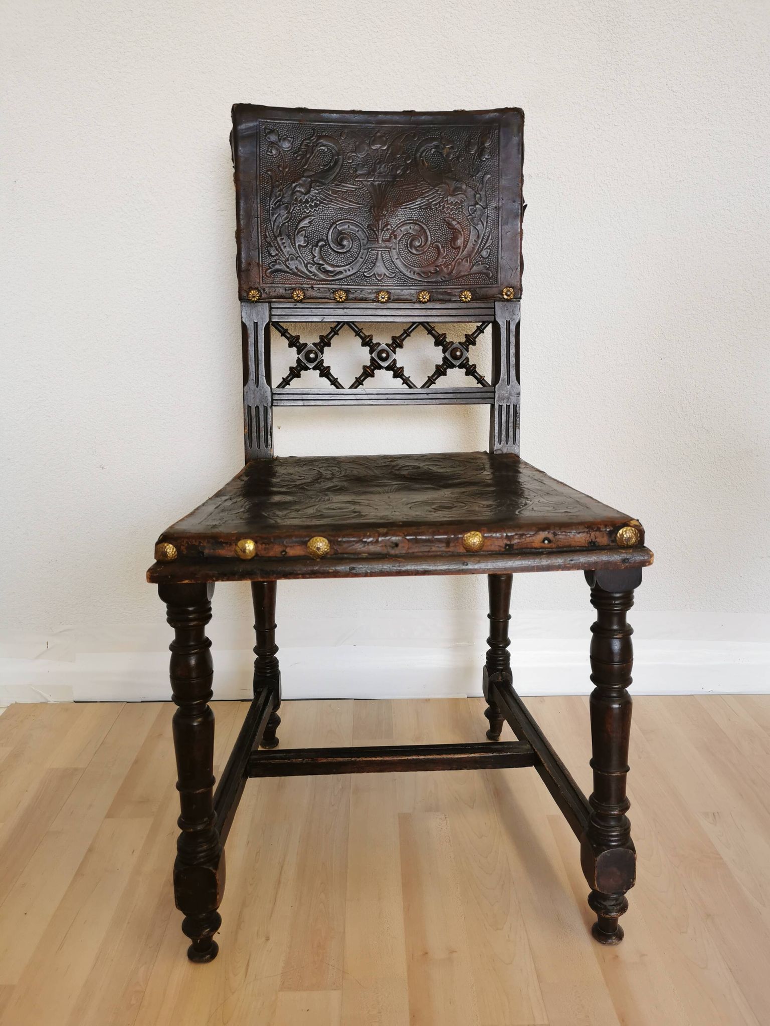 Antique 1930s Leather Dining Chair: Carved Wood Base, Metal Accents