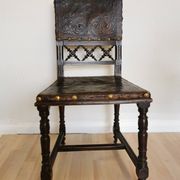 Antique 1930s Leather Dining Chair: Carved Wood Base, Metal Accents