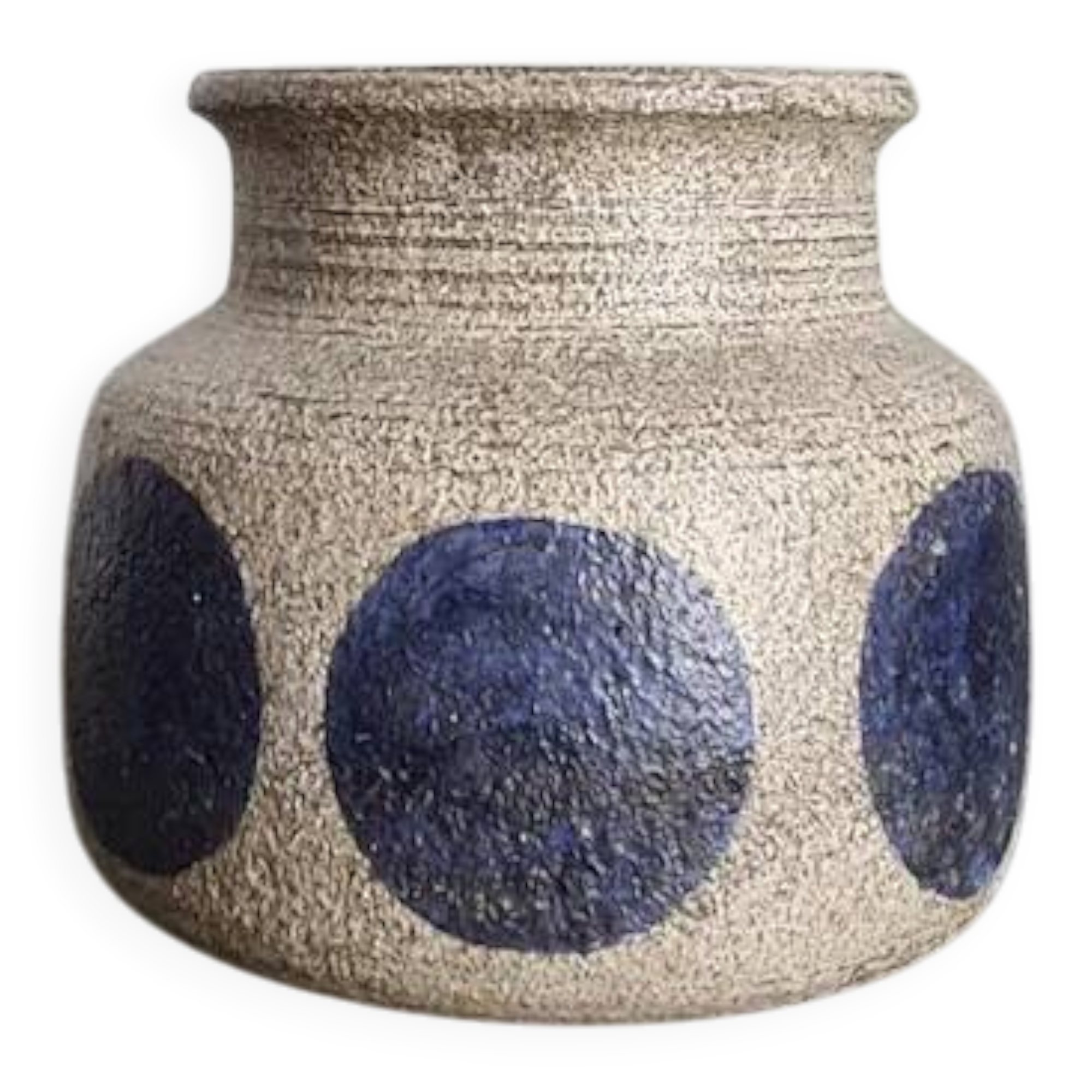 Mid-century modern stoneware vase with cobalt blue dots.
