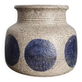 Mid-century modern stoneware vase with cobalt blue dots.