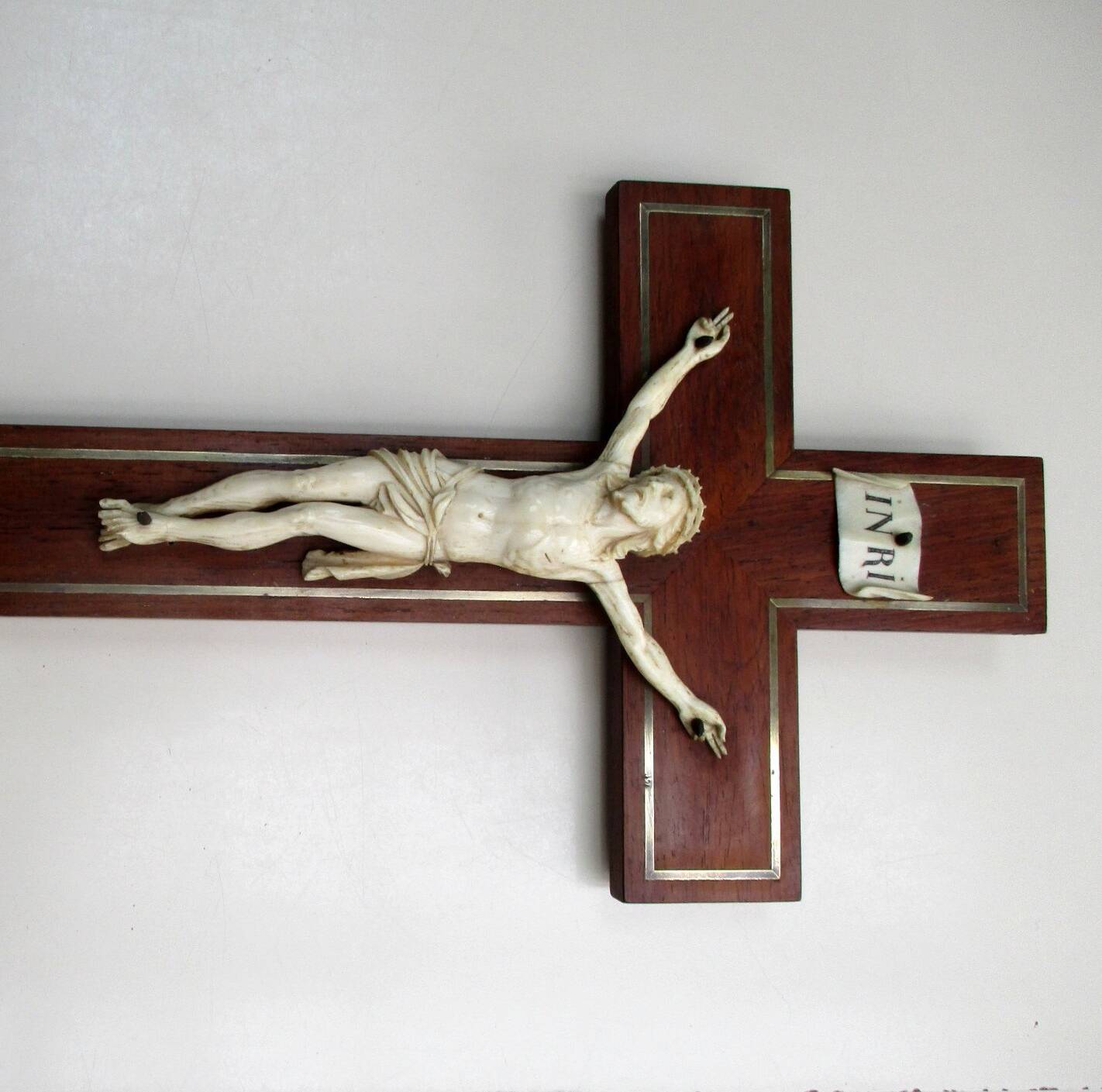 Crucifix 19th century wood brass - carved Christ