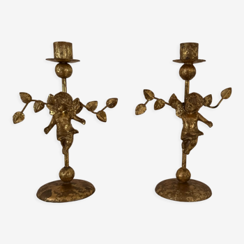 2 golden candlesticks "cherubs"