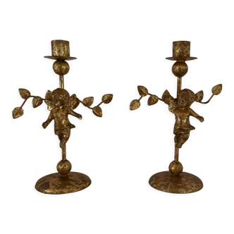 2 bougeoirs dorés « angelots »