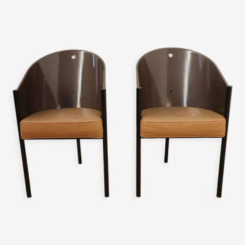 Paire de chaises minimaliste en bois cintré et cuir, 1980