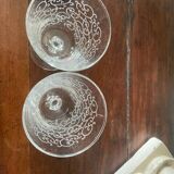2 large engraved water glasses in arabesque.
