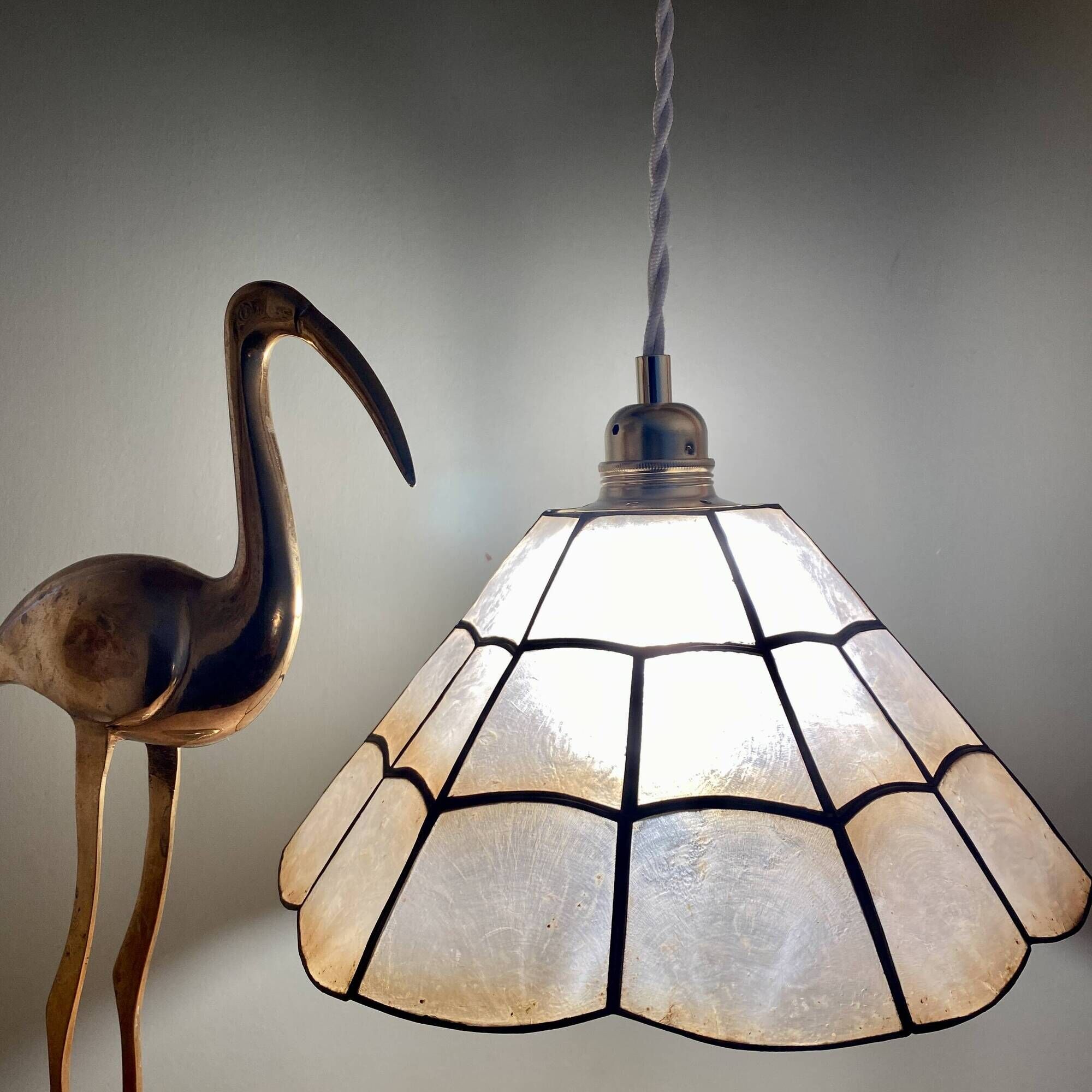 Vintage mother-of-pearl and brass lampshade pendant light