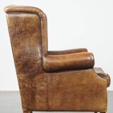 Large Vintage English-Style Sheepskin Leather Wingback Armchair