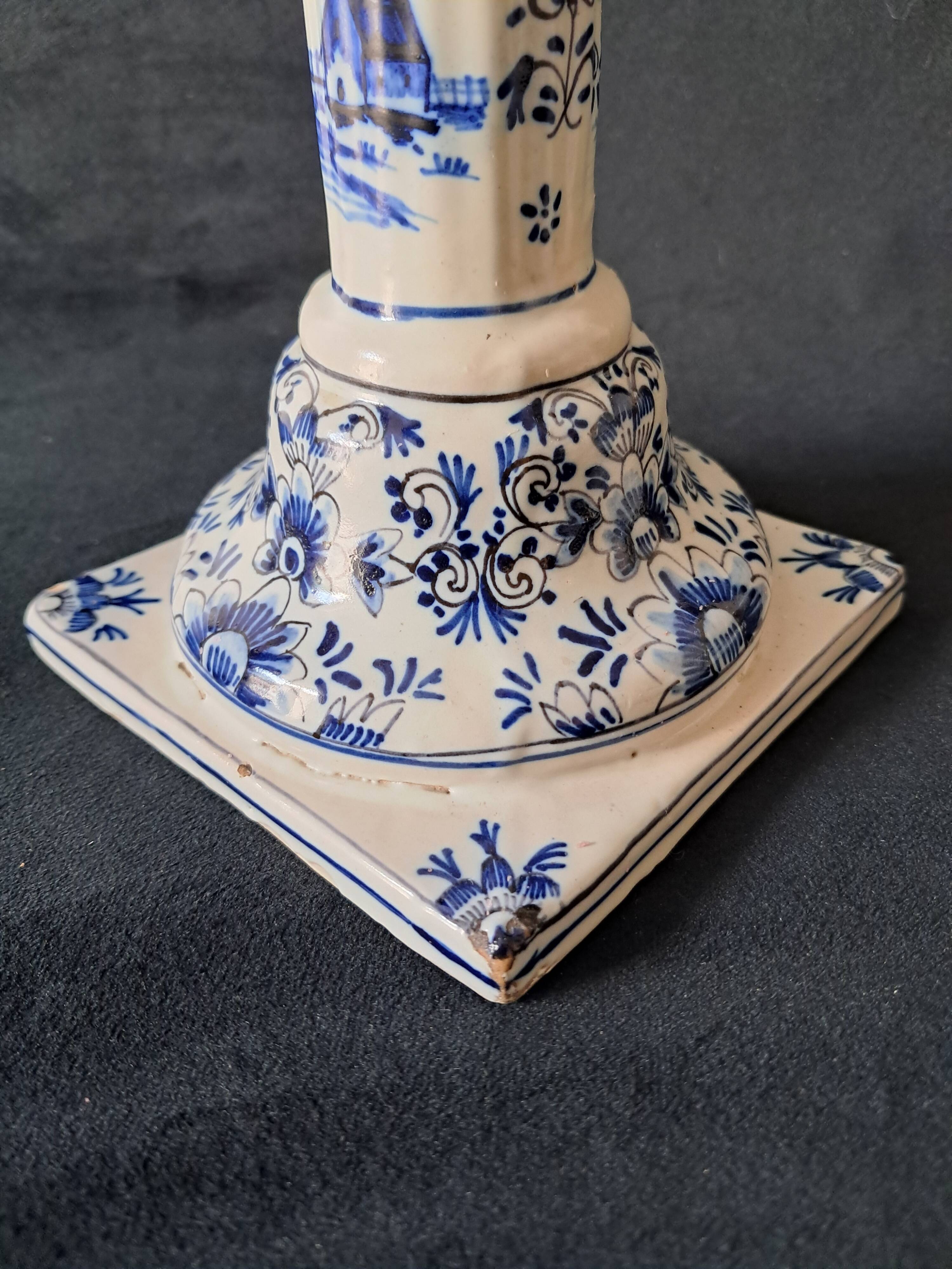 Antique Pair of Column Candlesticks in Blue and White Delftware