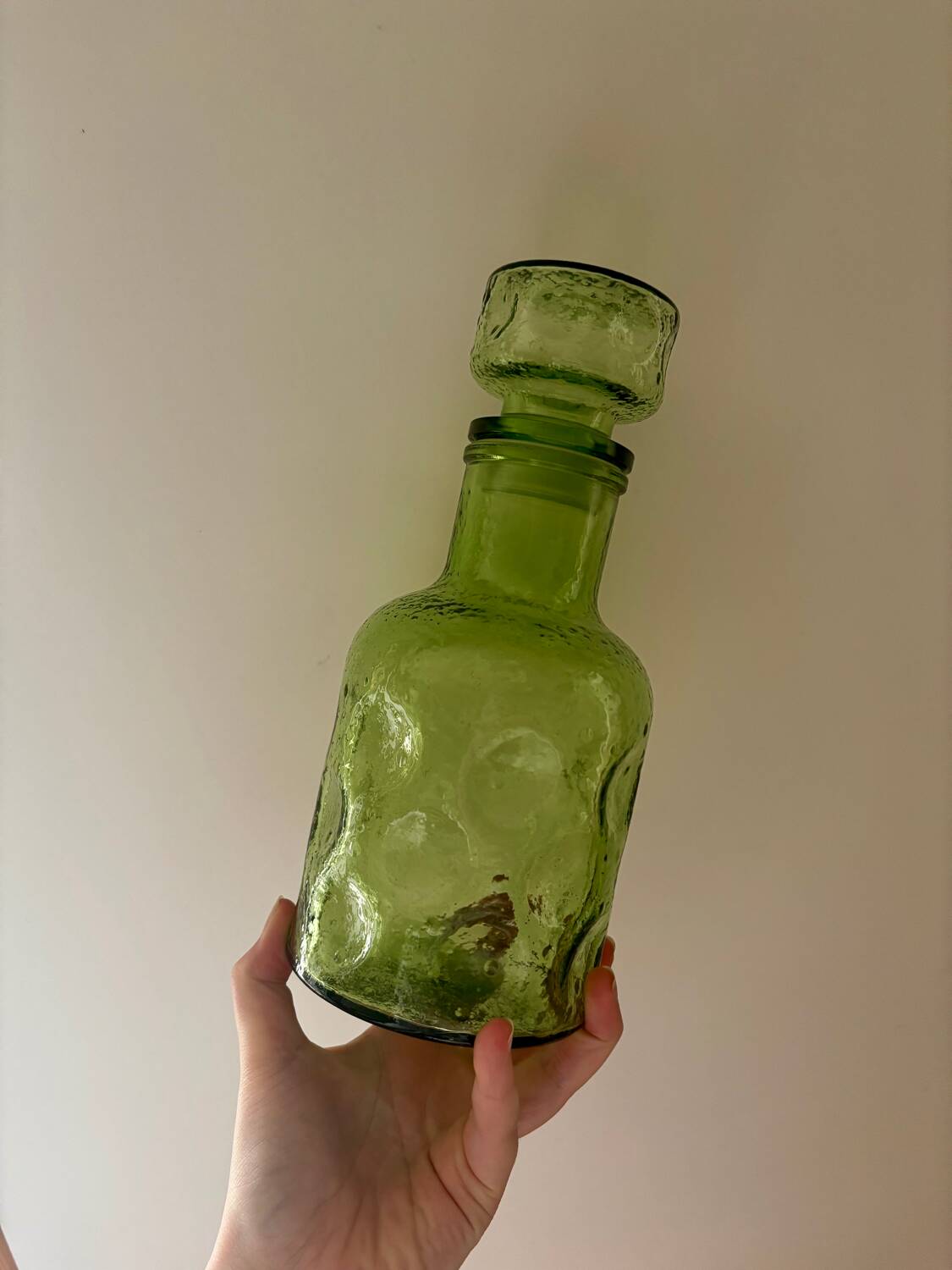 Vintage beautiful green thick honeycomb glass carafe bottle